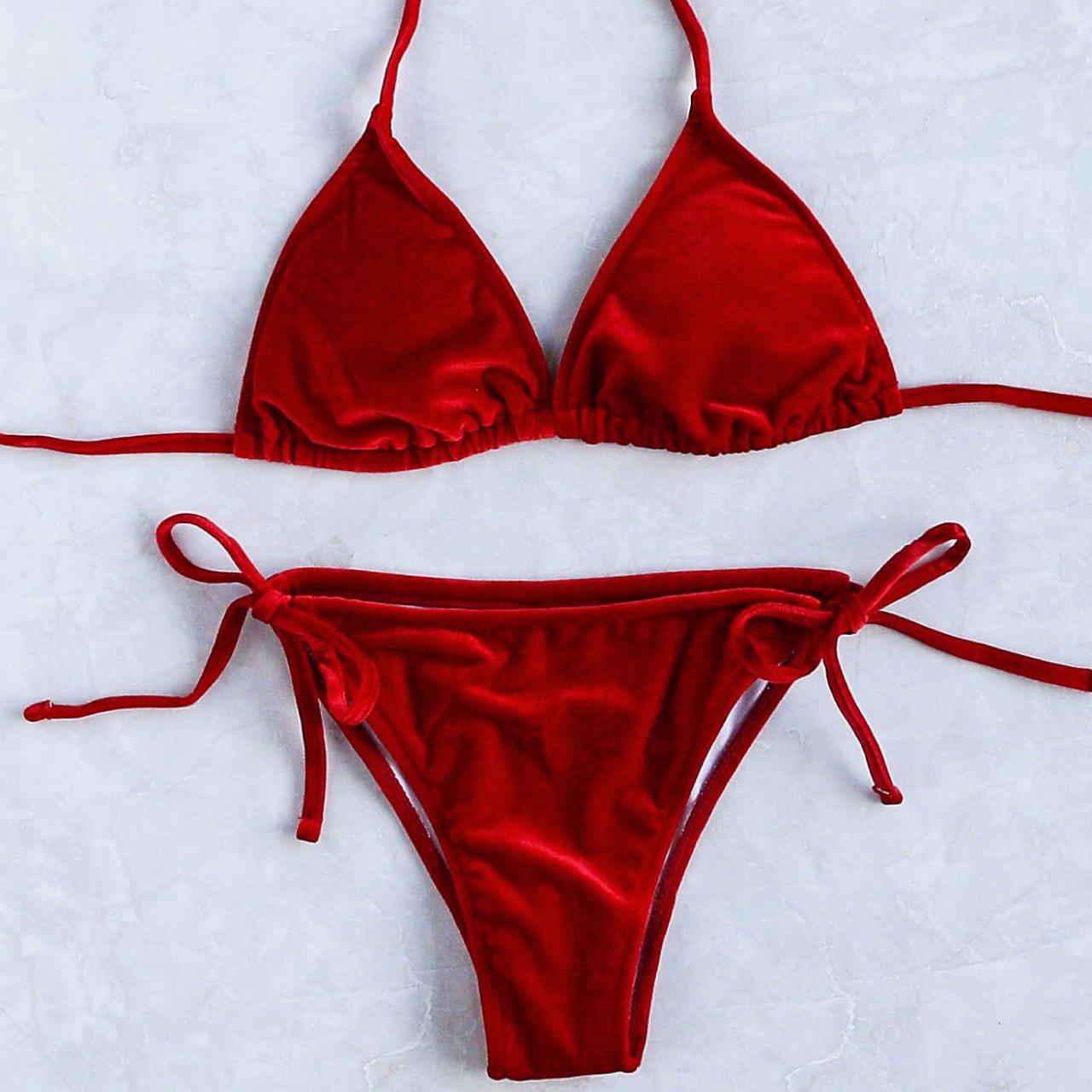 Red velvet tie string bikini, never worn. Only... - Depop