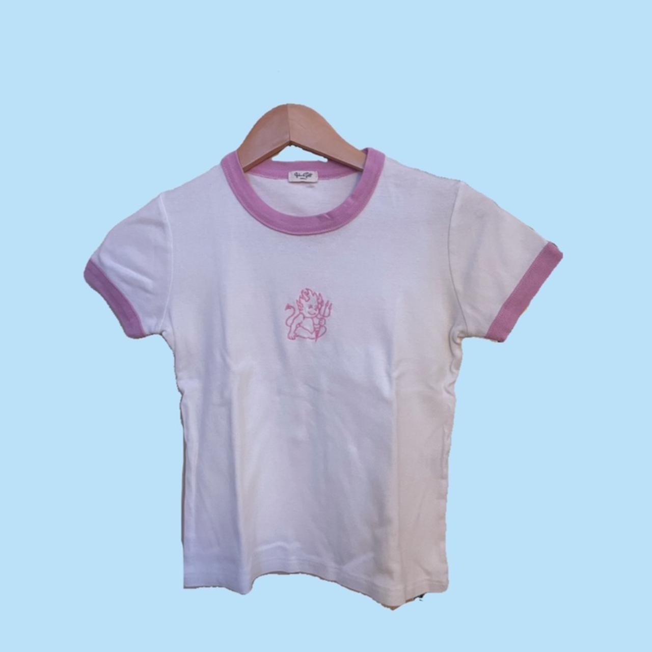 BRANDY MELVILLE white t-shirt with small pink devil... - Depop