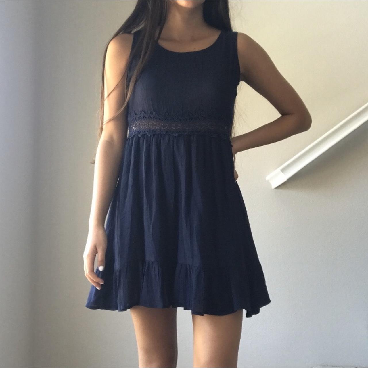 Navy blue dress with lace detail and tiered bottom.... - Depop
