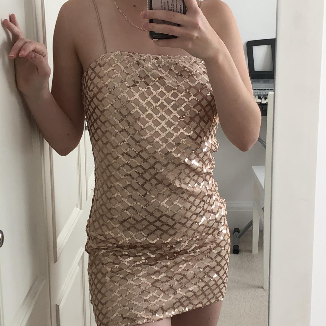 Rose gold strappy sequin store straight neck bodycon dress