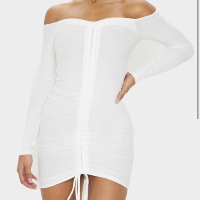 White ribbed long sleeve bardot ruched bodycon outlet dress