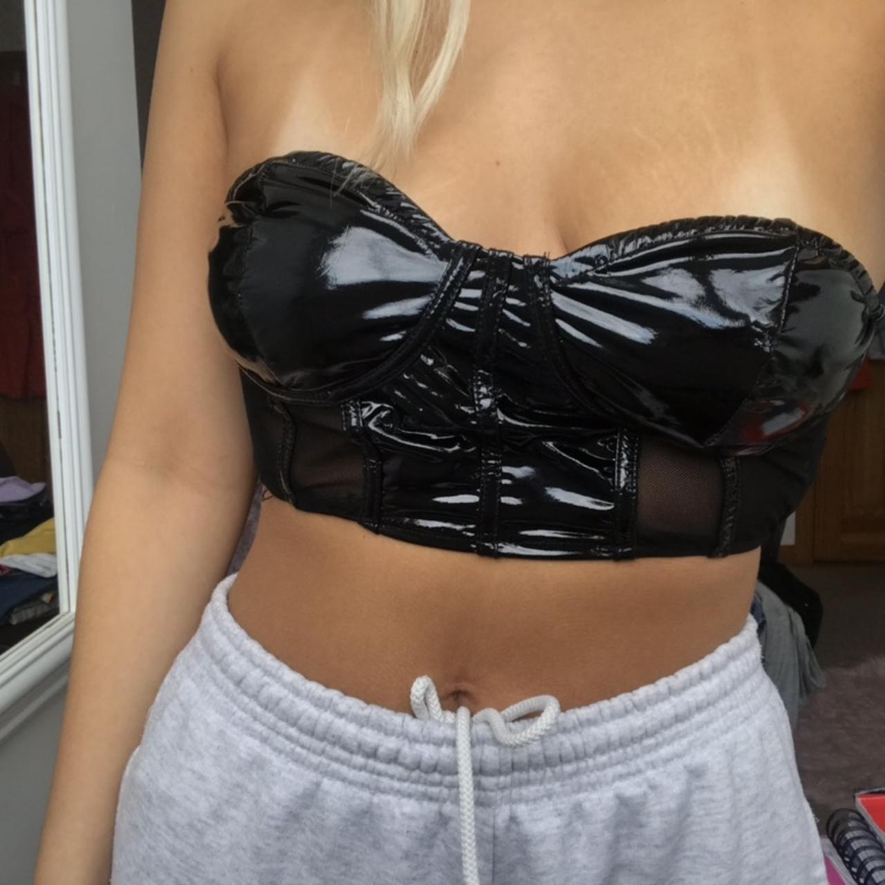 NaaNaa vinyl crop top bustier with mesh insert in black