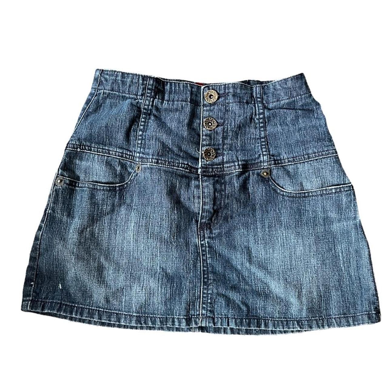 Hot kiss y2k high rise denim mini skirt Stretchy... - Depop