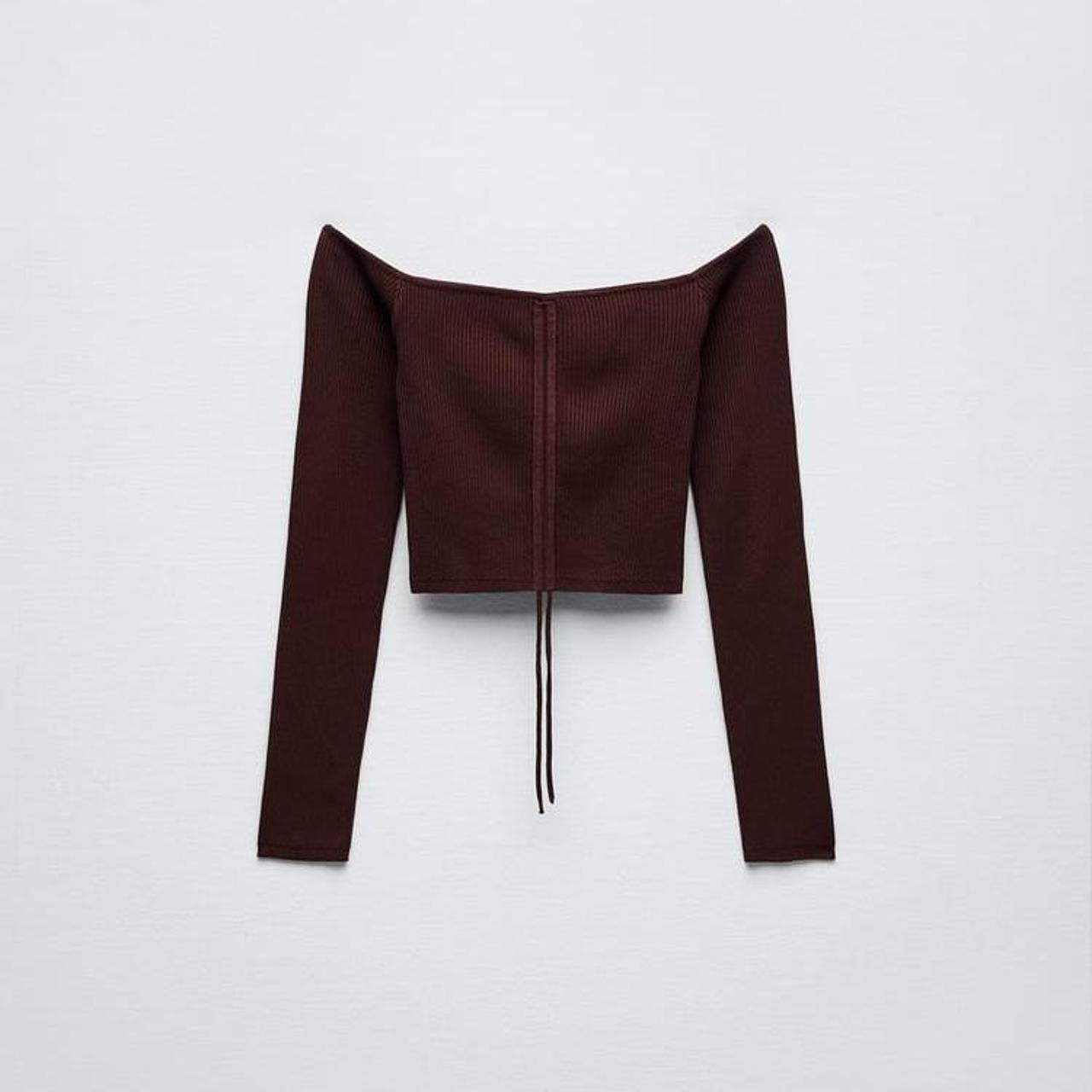 Zara brown rib knit gathered long sleeve crop... Depop