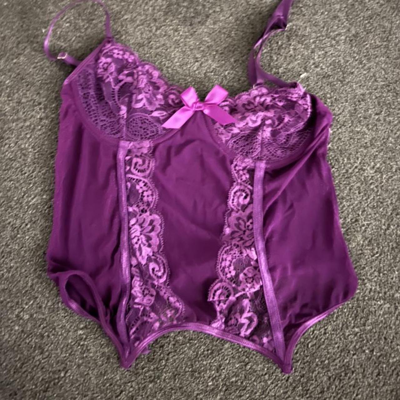 Purple lace bodysuit, has stocking clips attached... Depop