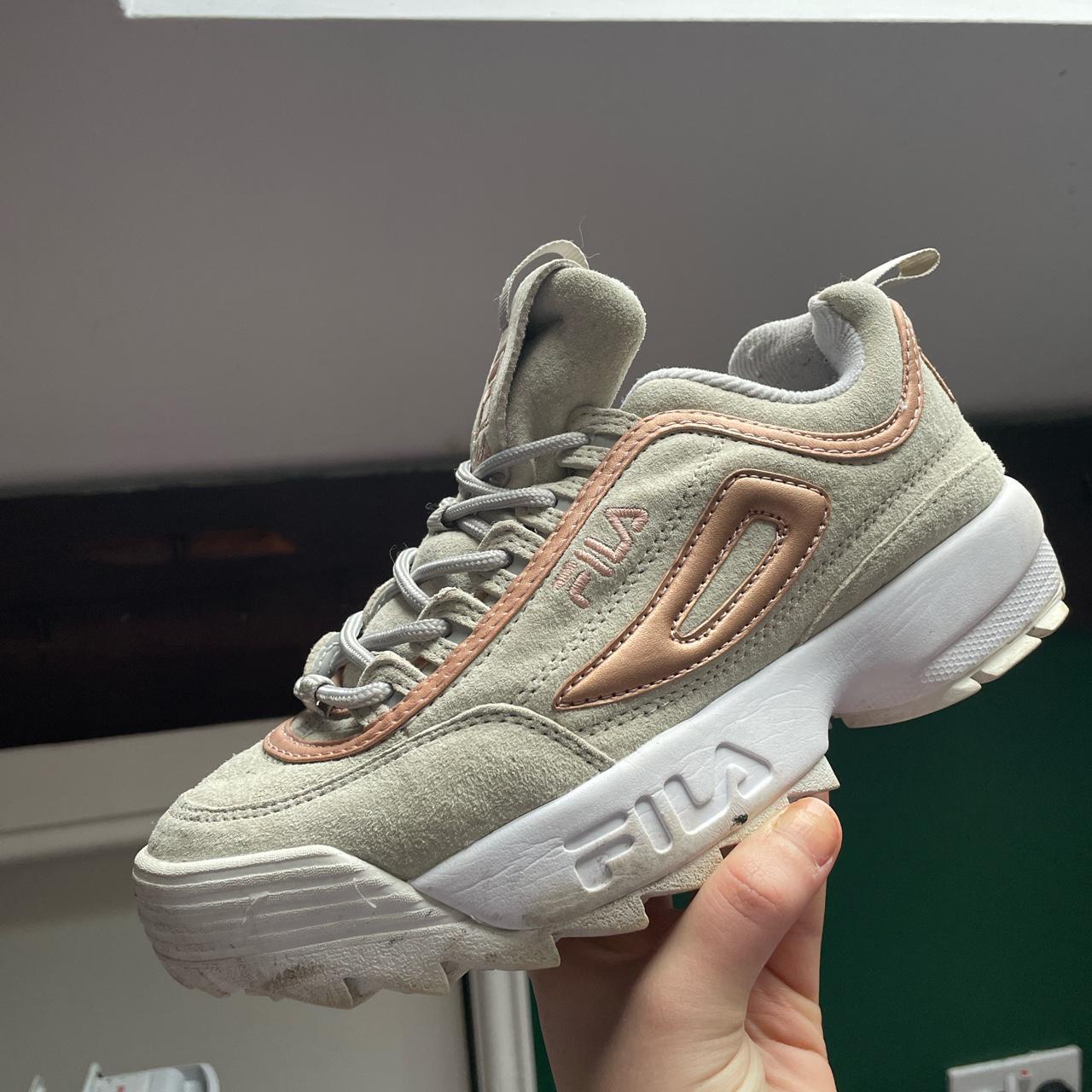 Suede Sage and rose gold Fila Distruptors worn Depop