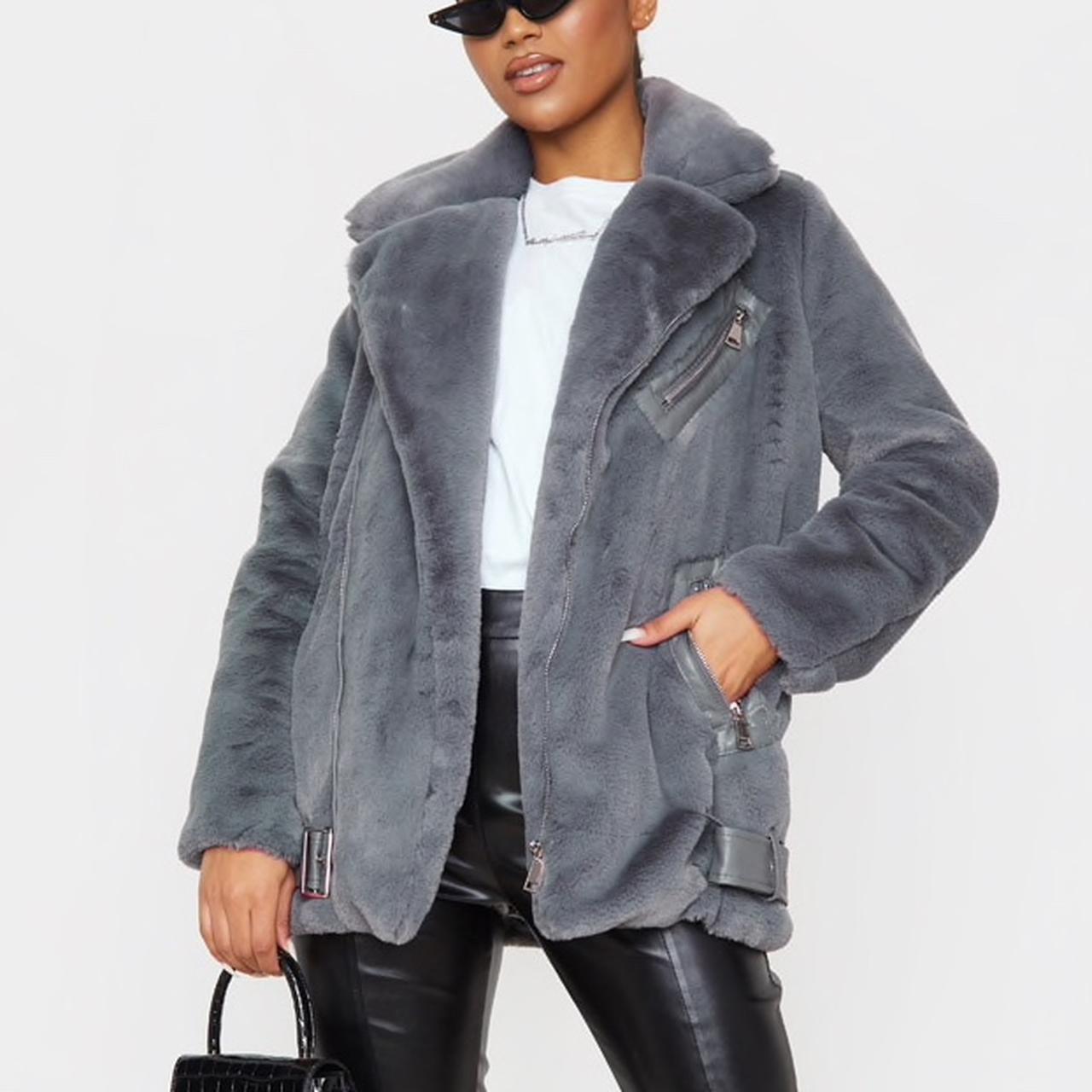 Grey faux fur aviator jacket hotsell