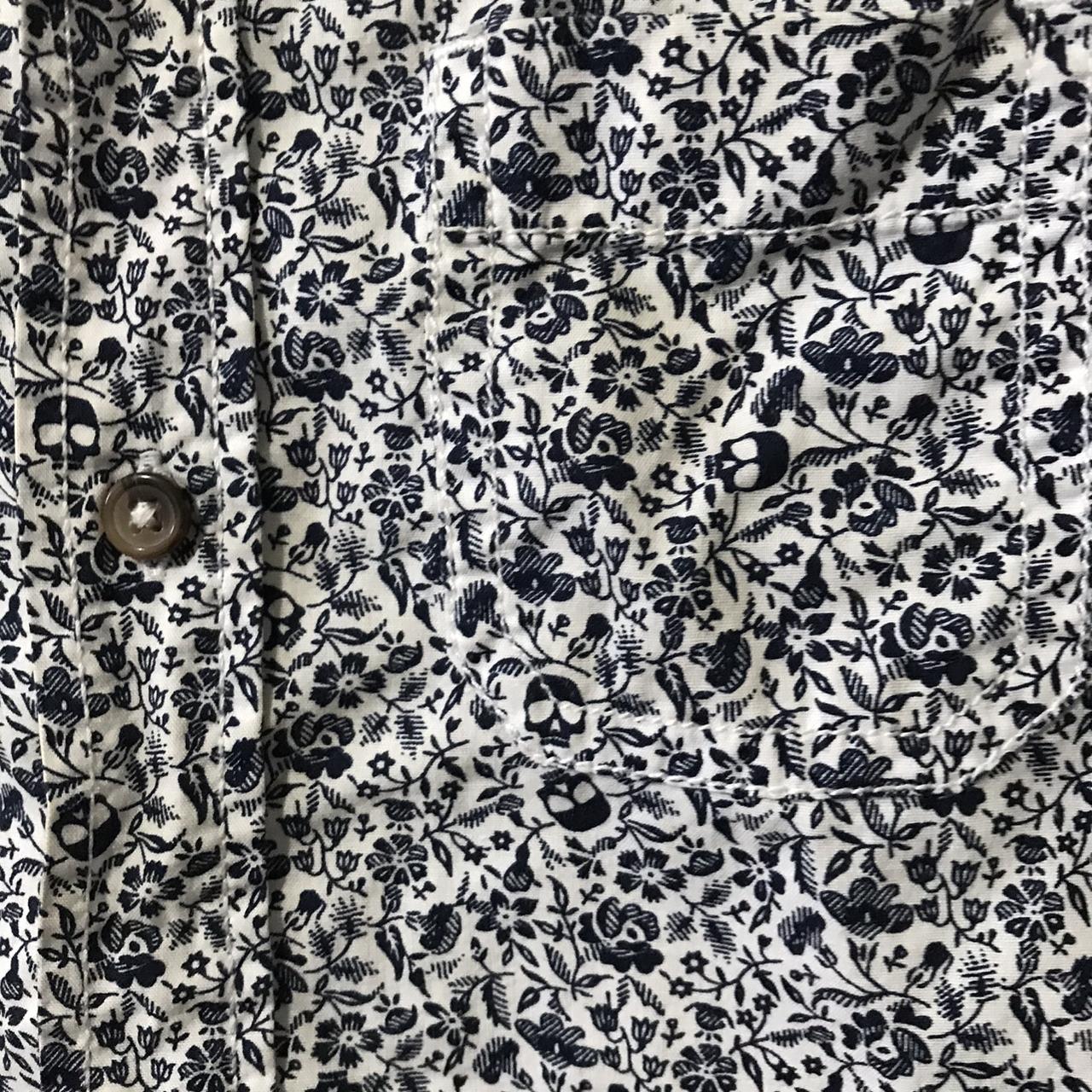 White and blue button up with floral and skull... - Depop