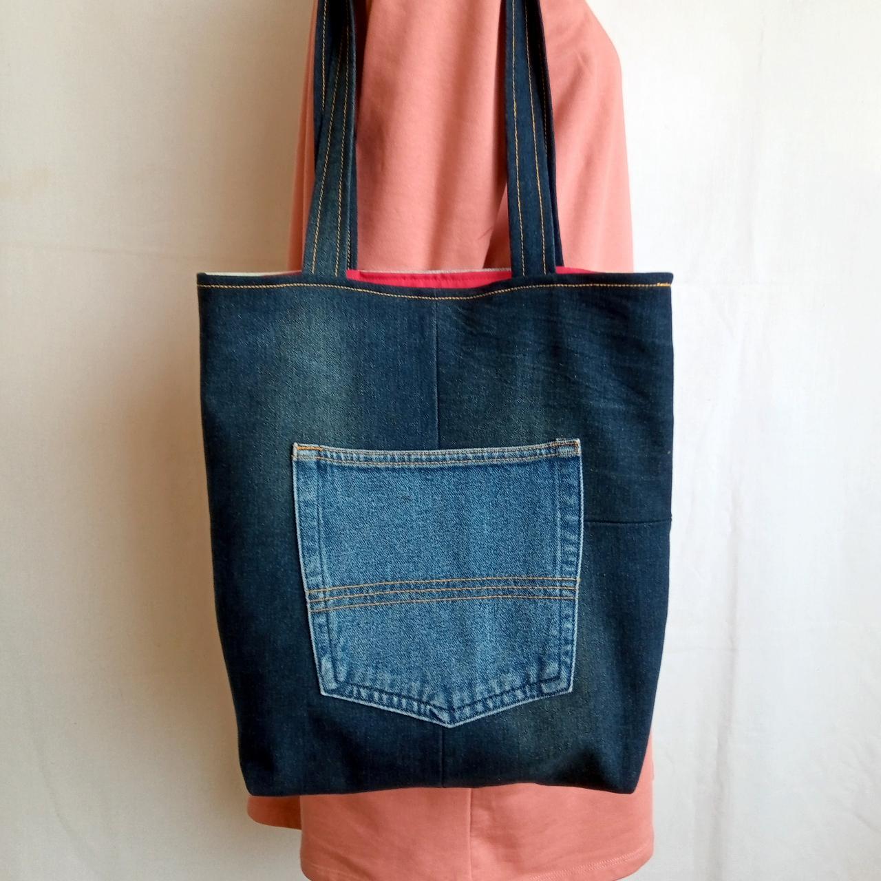 Recycled Denim Baguette Bag Hand Painted Denim Tote Bag, Abstract