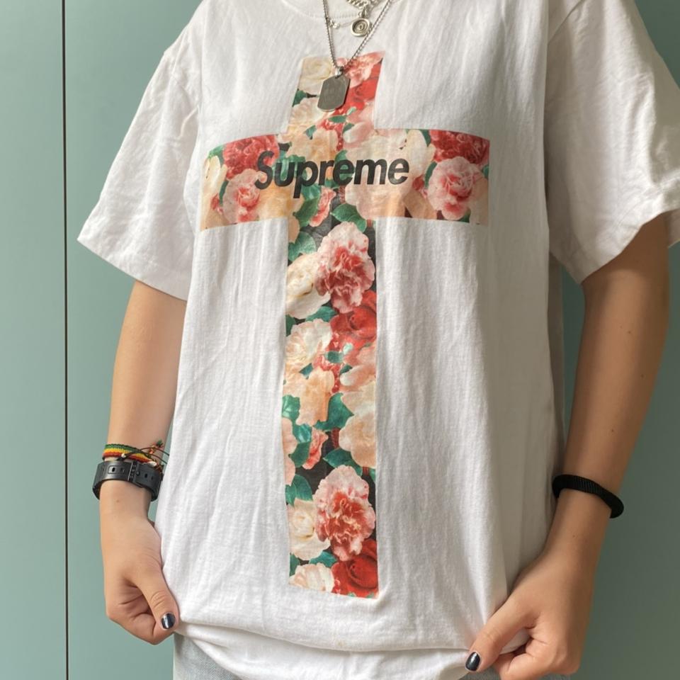 supreme nyc floral cross t-shirt LARGE posted for a... - Depop