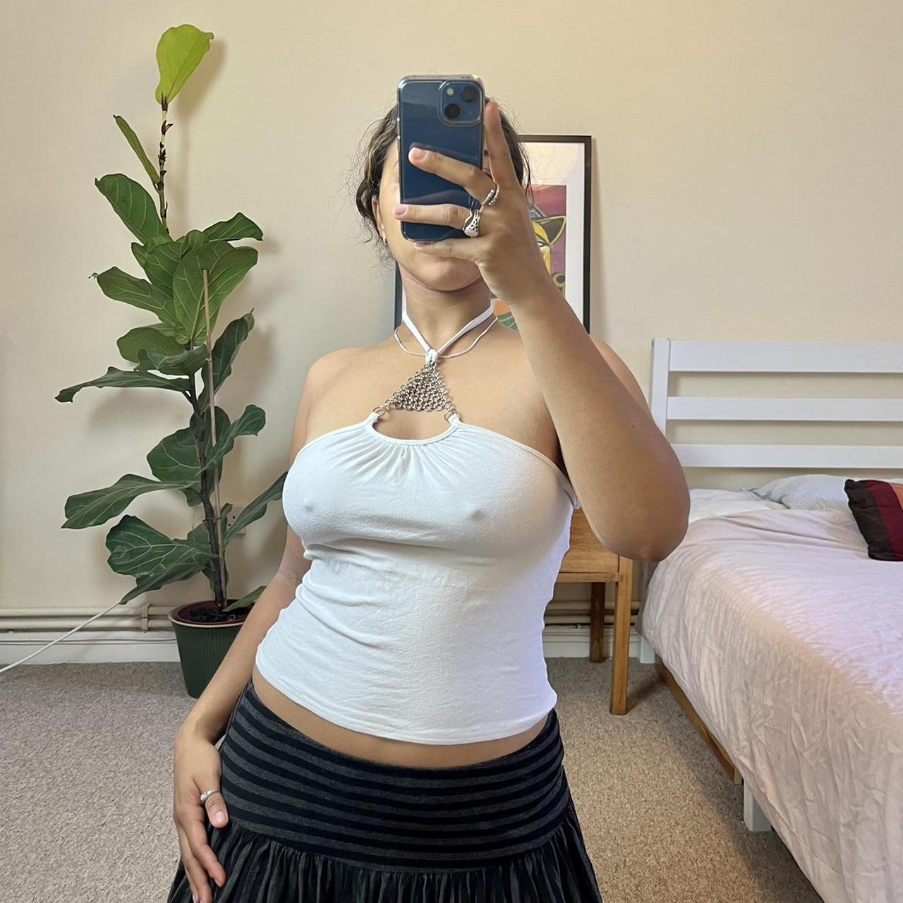 White halter neck top with silver chain centre... - Depop