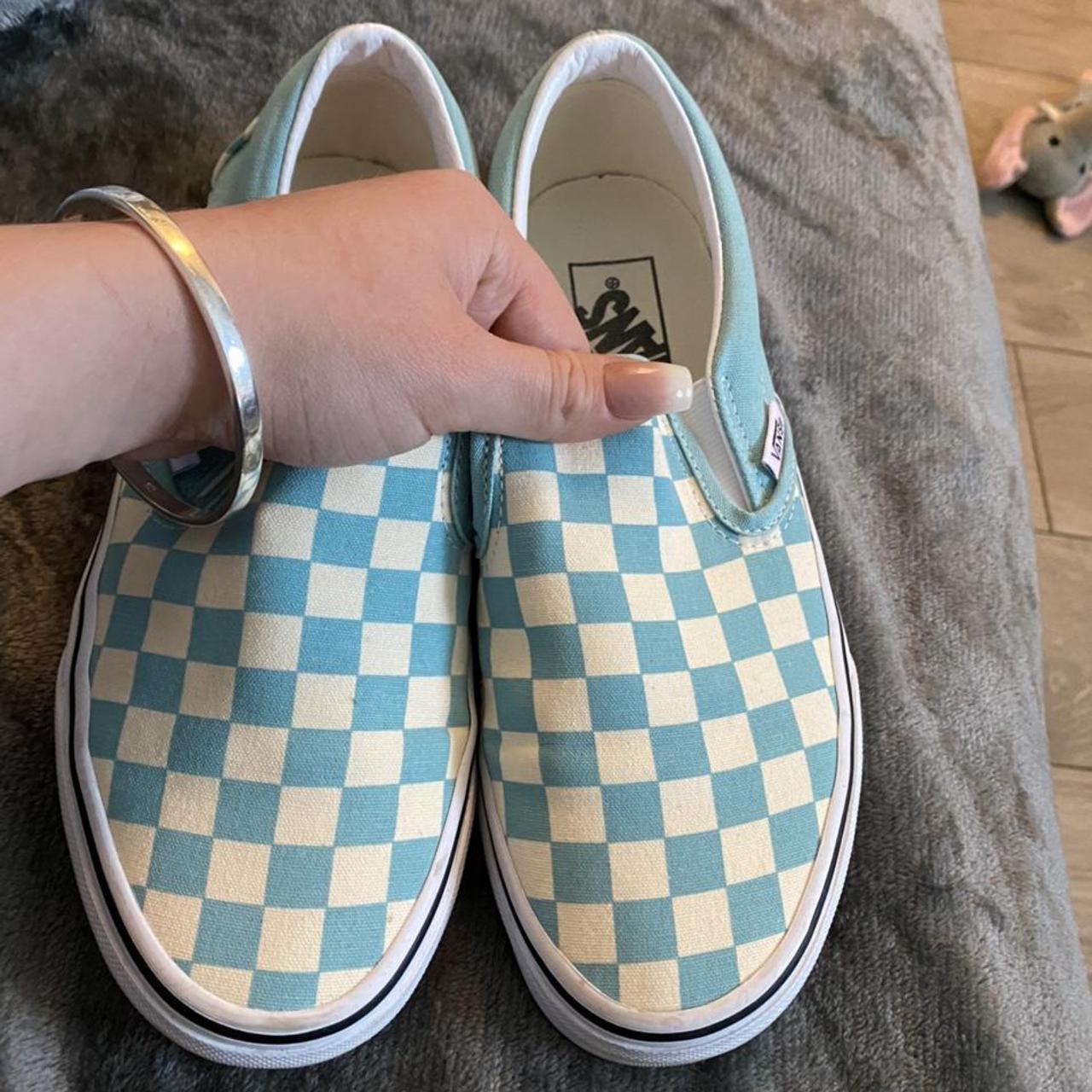 Aqua haze checkerboard hot sale slip on vans