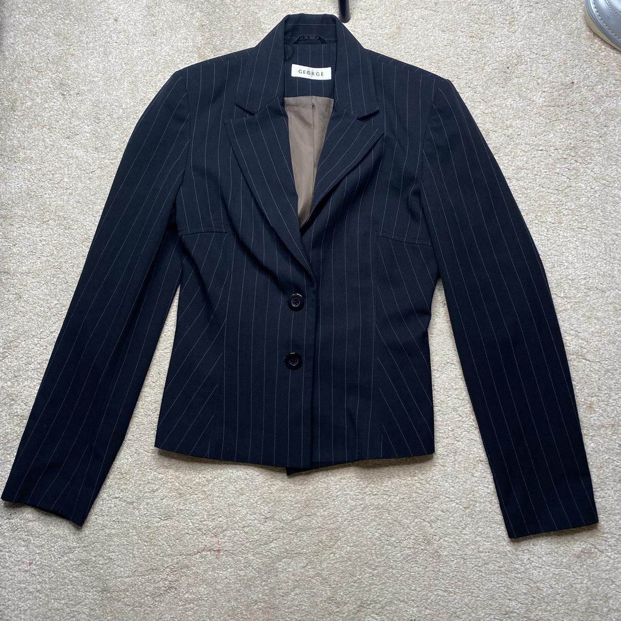 Y2K 2000s black pinstripe fitted suit blazer... - Depop