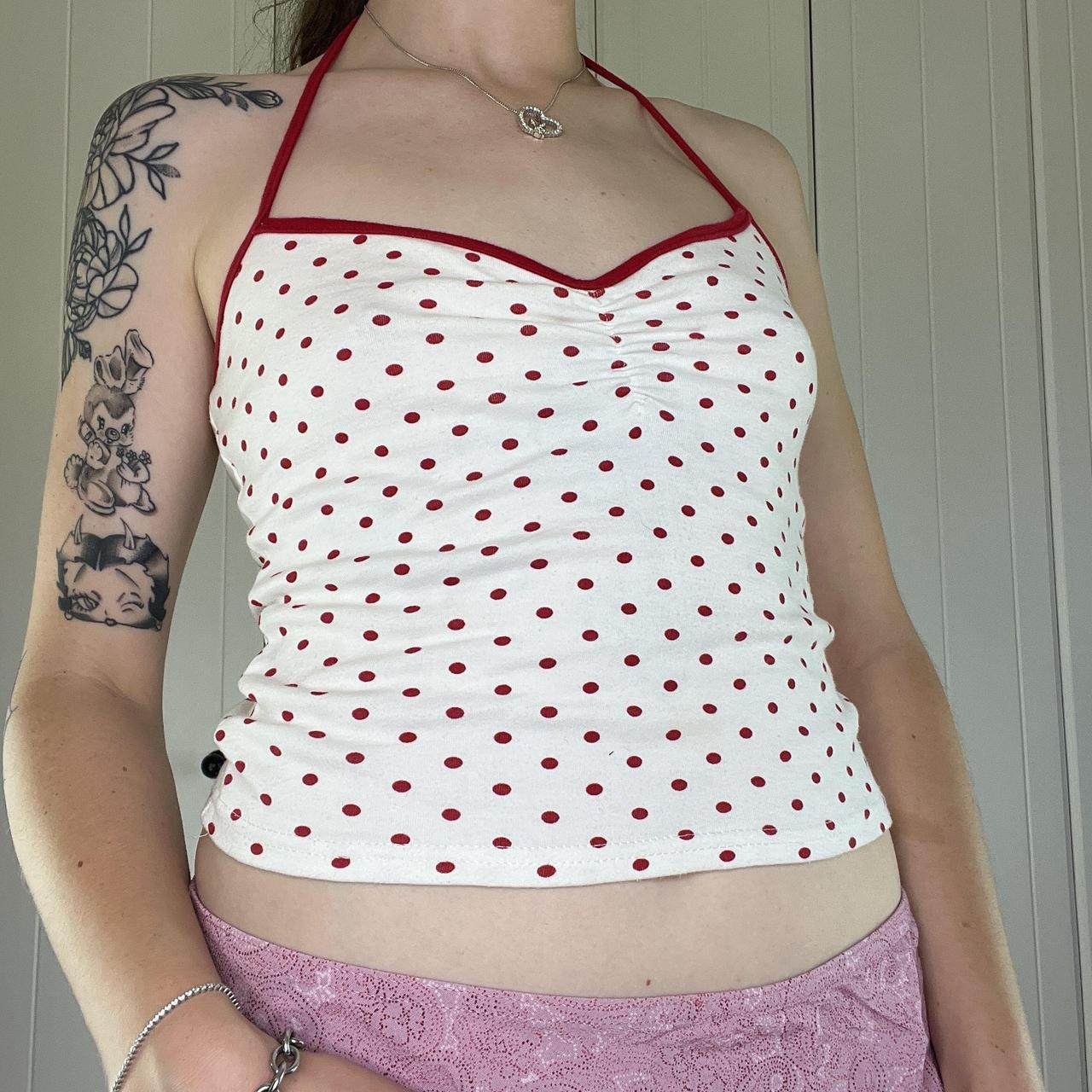 Y2K Pilot white red spotty polkadot halter neck... - Depop