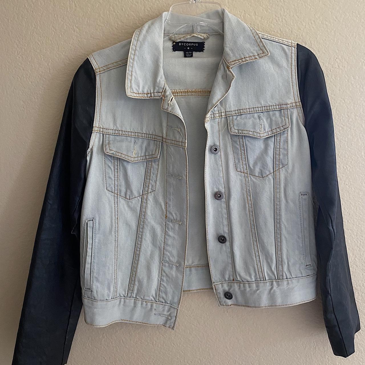 Denim jacket with leather sleeve xs. Originally $120... - Depop