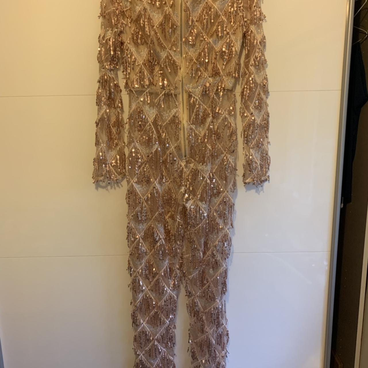 Rose gold tassel sequin 2025 plunge jumpsuit