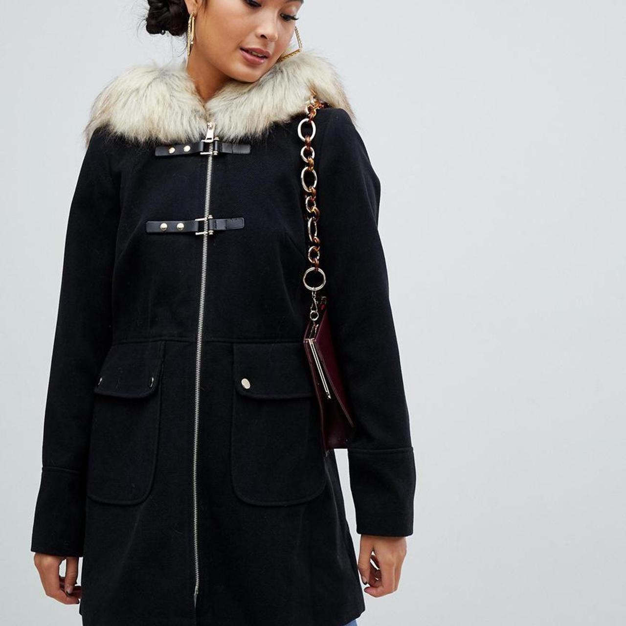 Miss Selfridge black duffle coat with faux fur hood