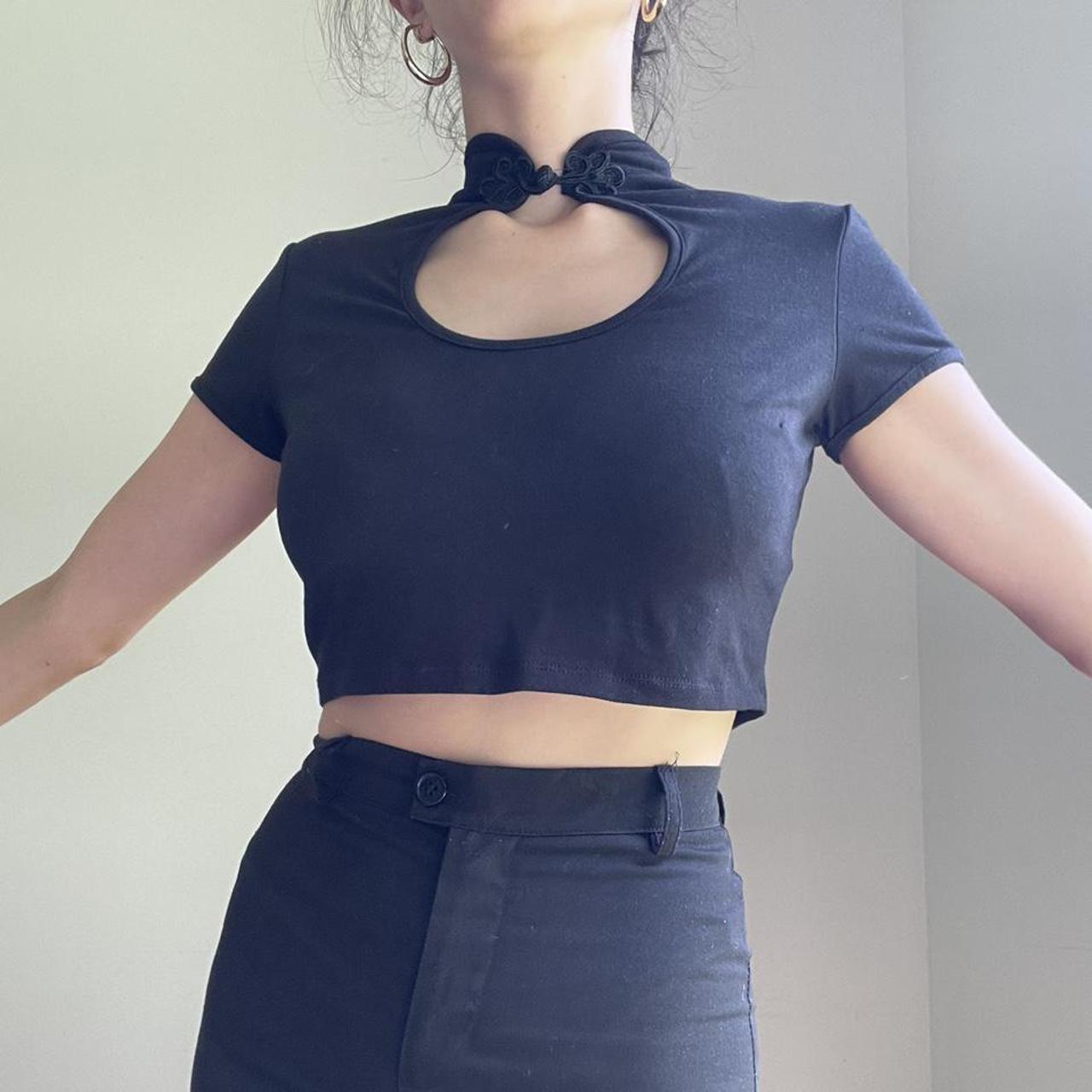 Black mandarin collar crop top with chest cut out... Depop