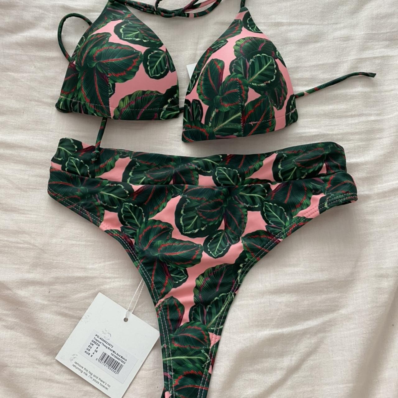 Bikini Missguided pink and green leaf print bikini... - Depop