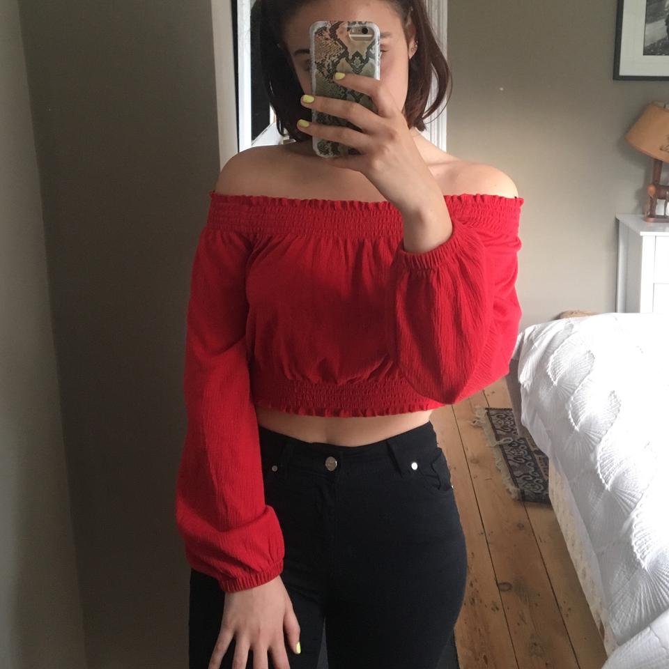 H M red off the shoulder long sleeve top perfect Depop