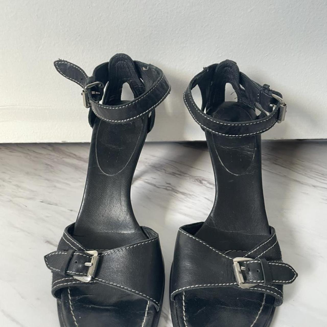 Black leather open toe buckle heels - Depop