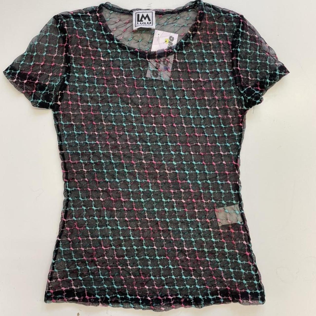 Black mesh baby tee. Bright neon pink and blue... - Depop