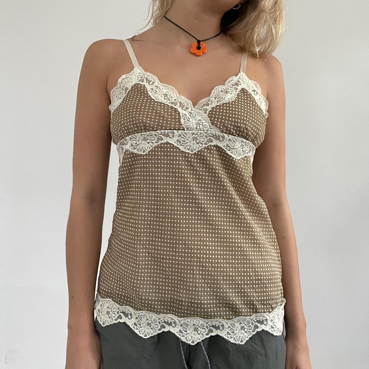 Brown lace trim cami. Brown and white polka dot with... - Depop