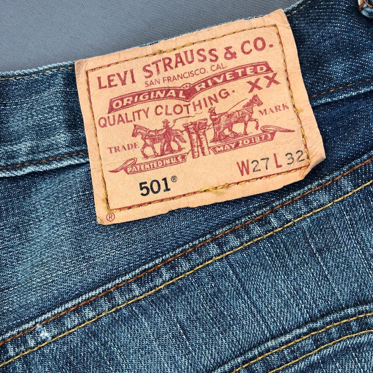 Customised LEVI 501 mid blue, frayed, button fly... - Depop