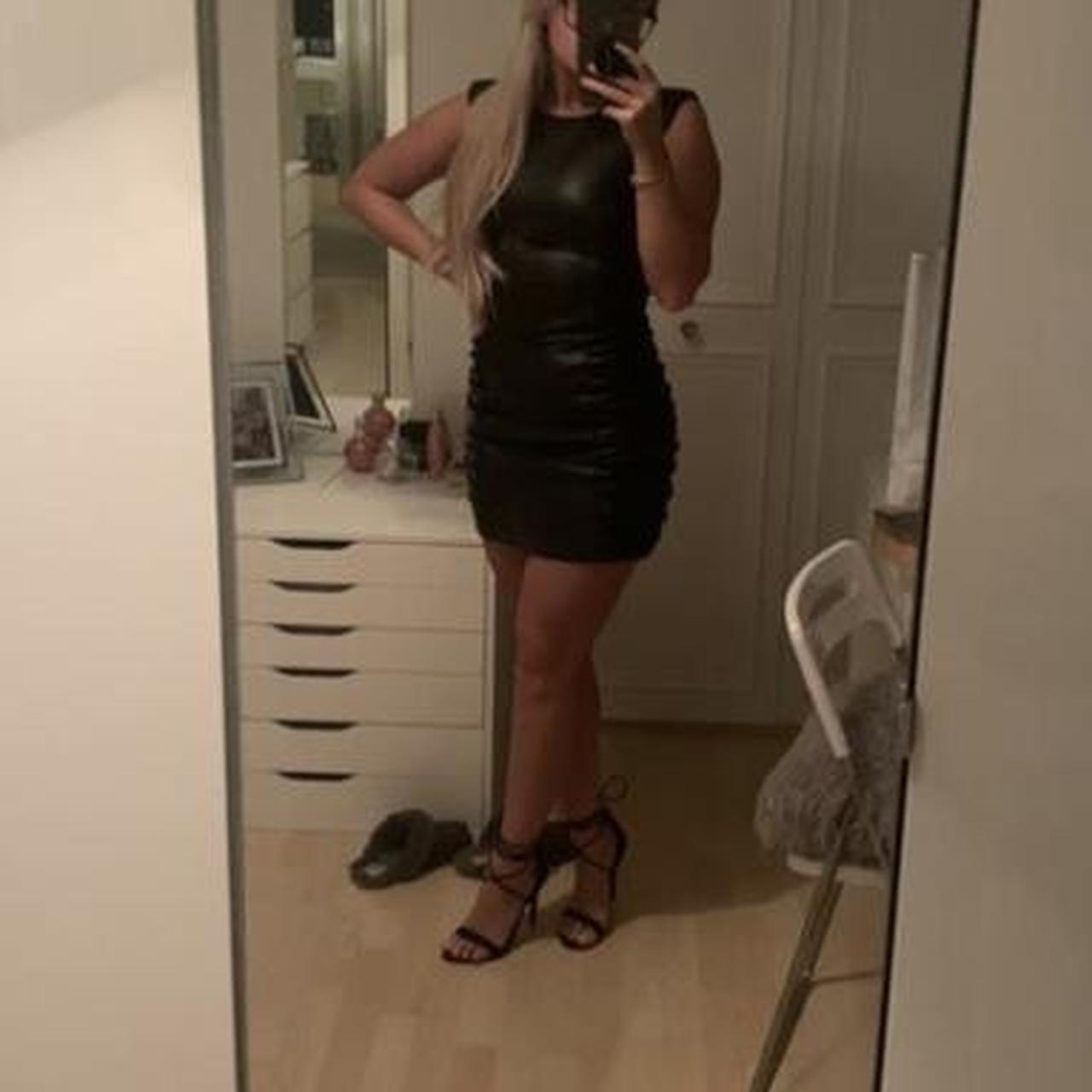 Zara Black leather mini dress with ruched sides.... - Depop