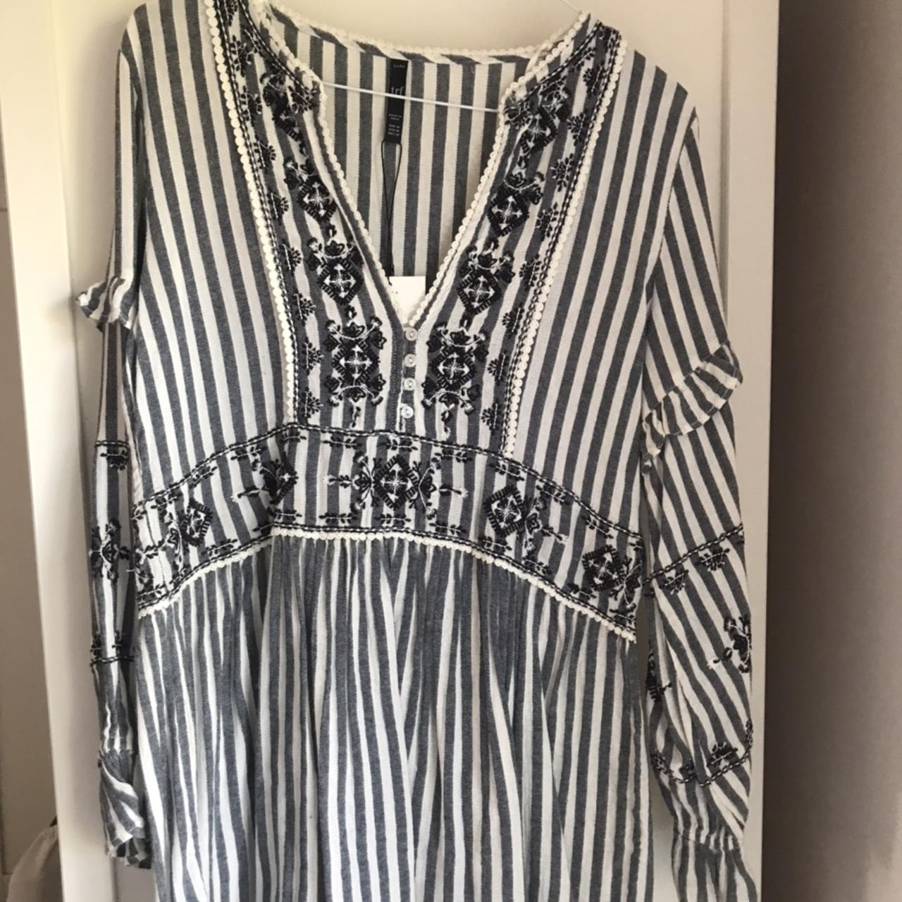 Zara Striped Embroidered Dress Zara M L Blue Striped Embroidered