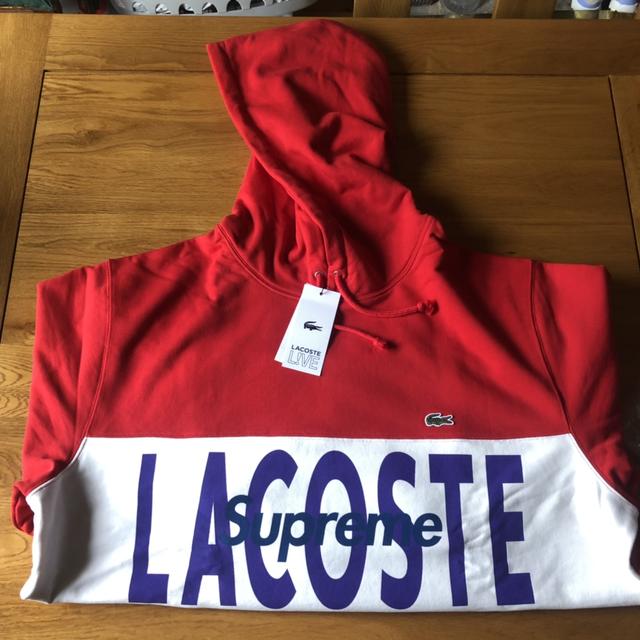 Supreme x Lacoste Logo Panel Hoodie Red Size XL... - Depop