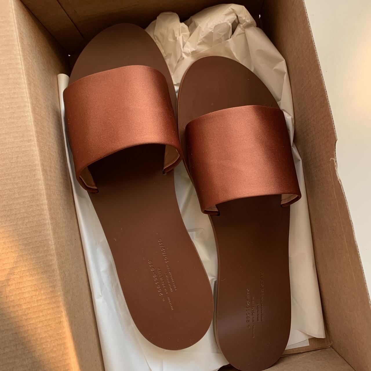 ARKET Leather Sole Brown Satin Slip On Sandals Depop