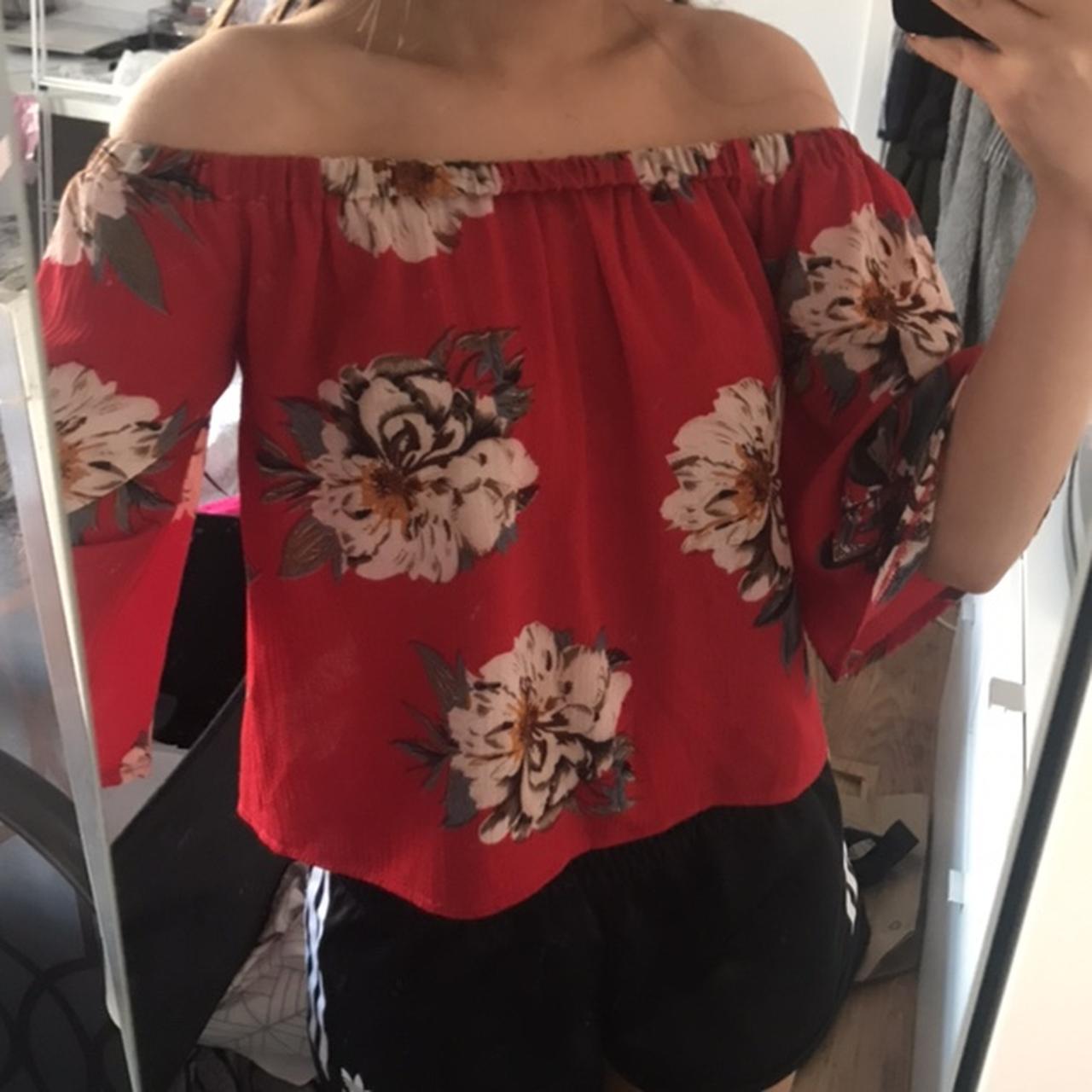 red floral off the shoulder going out top from... Depop