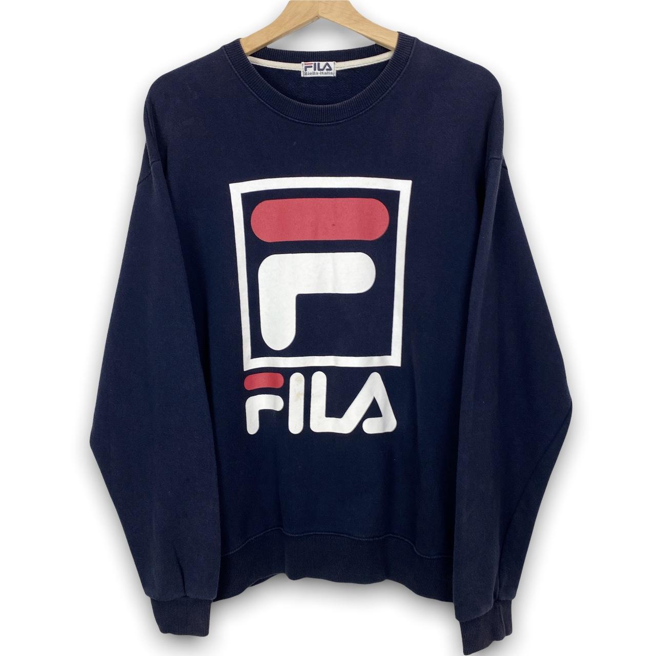 Y2K Fila Graphic Pullover Navy Sweatshirt in... - Depop