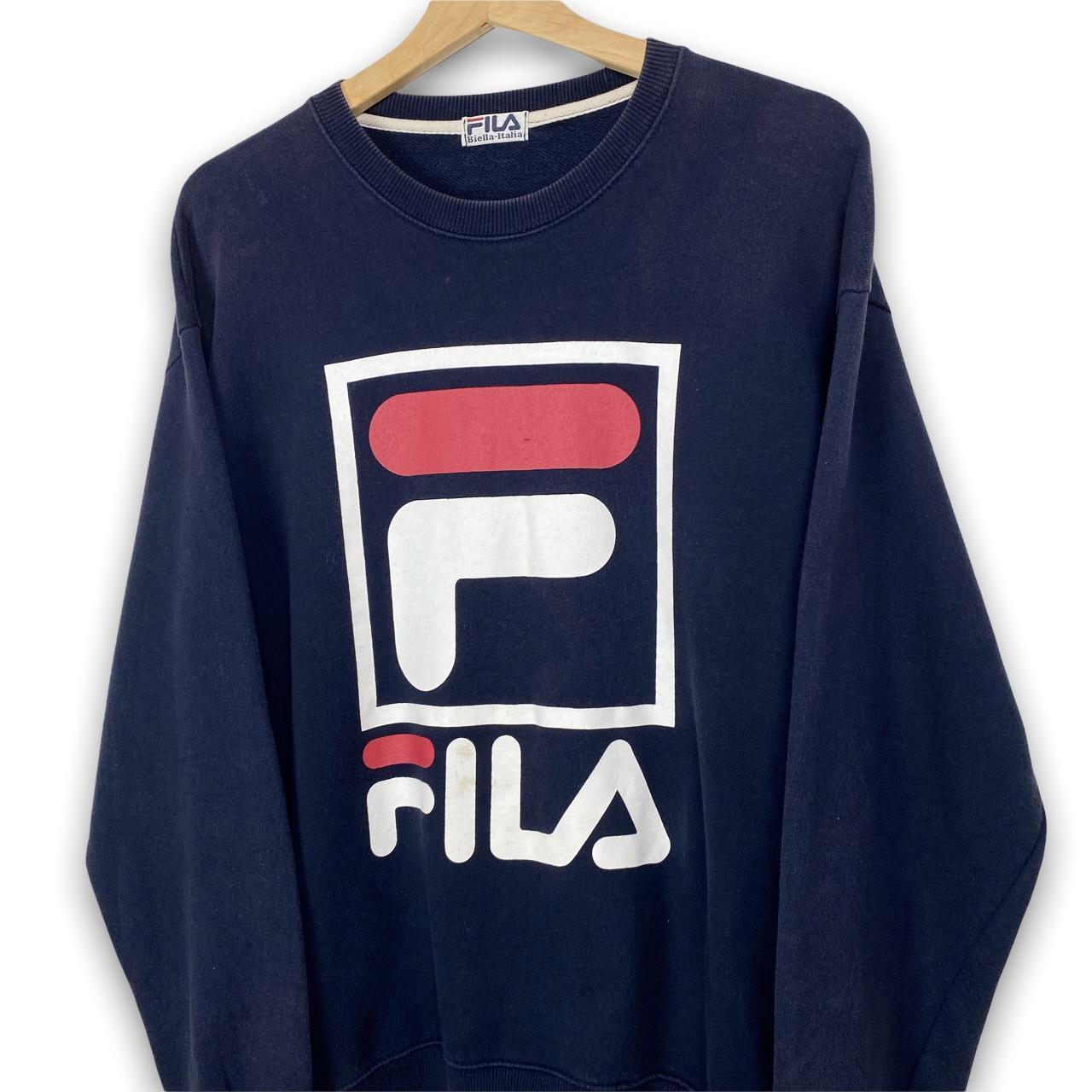 Y2K Fila Graphic Pullover Navy Sweatshirt in... - Depop