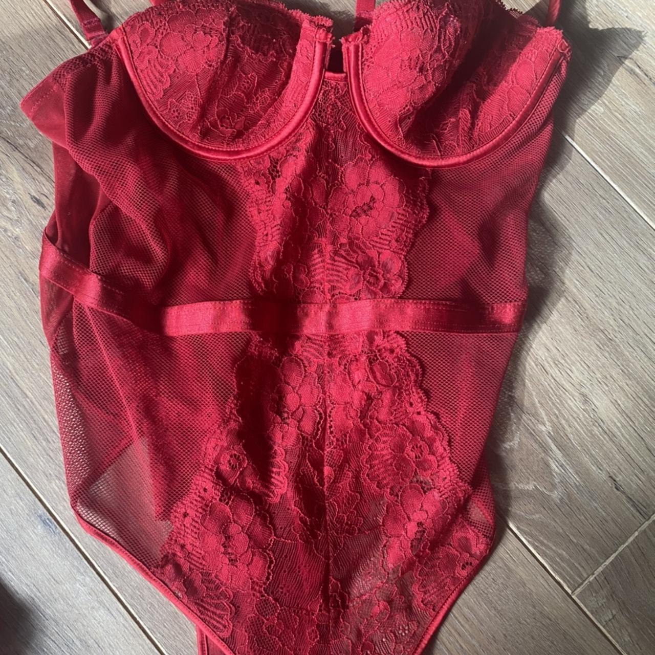 Red lace bodysuit with padded bra, perfect for night... - Depop