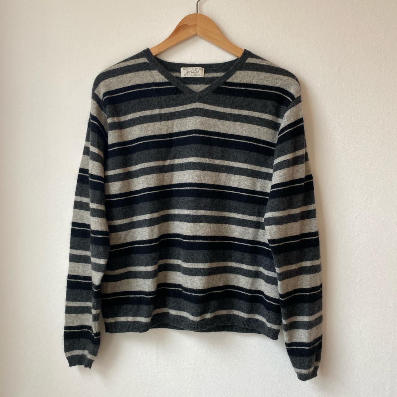 Great striped grey and black cashmere v neck jumper.... - Depop