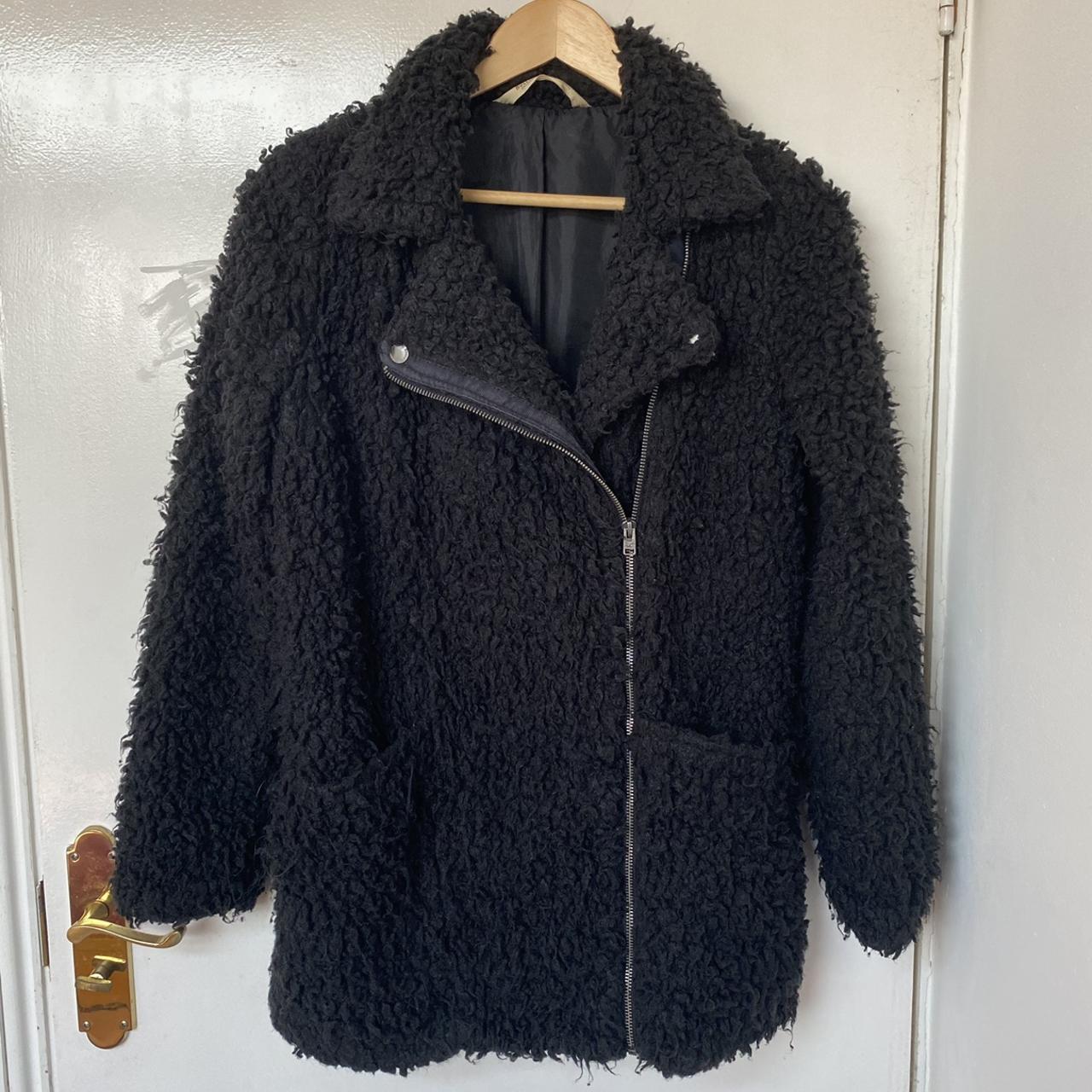 Black fluffy long coat from HOLLISTER, SIZE XS, worn... - Depop