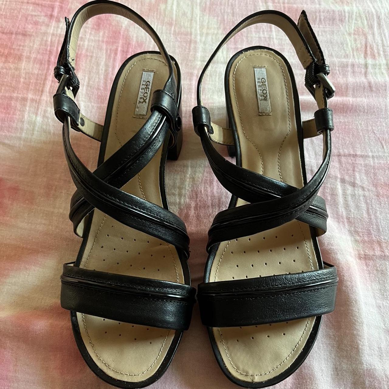 black leather chunky heel sandals. size 8 - Depop