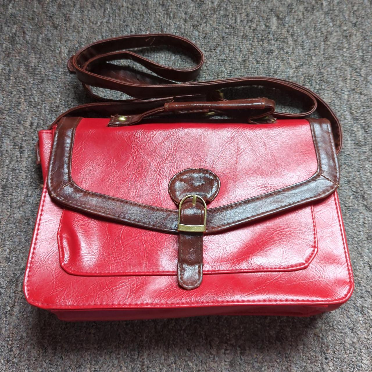 Red Satchel bag with brown handle and gold... - Depop