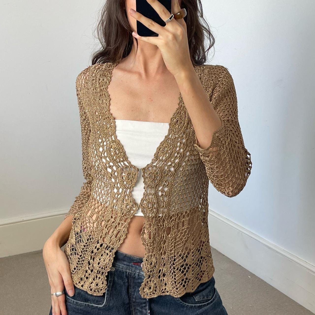 Vintage tan gold crochet cardigan long sleeve cover... Depop