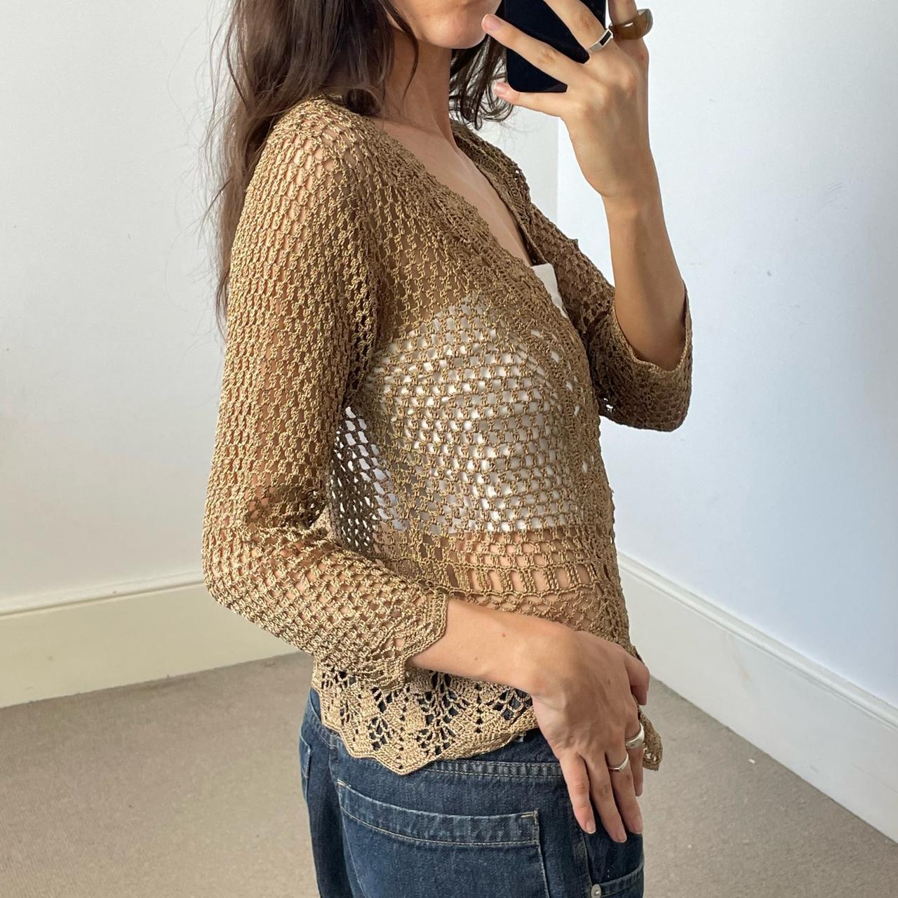 Vintage tan gold crochet cardigan long sleeve cover... Depop