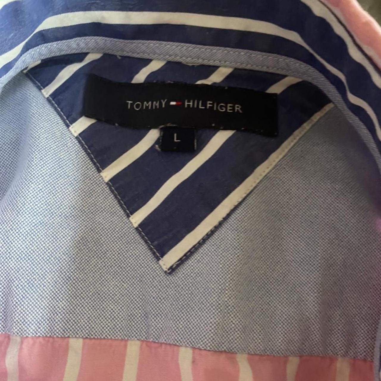 Pink and white striped Tommy Hilfiger Shirt size... - Depop