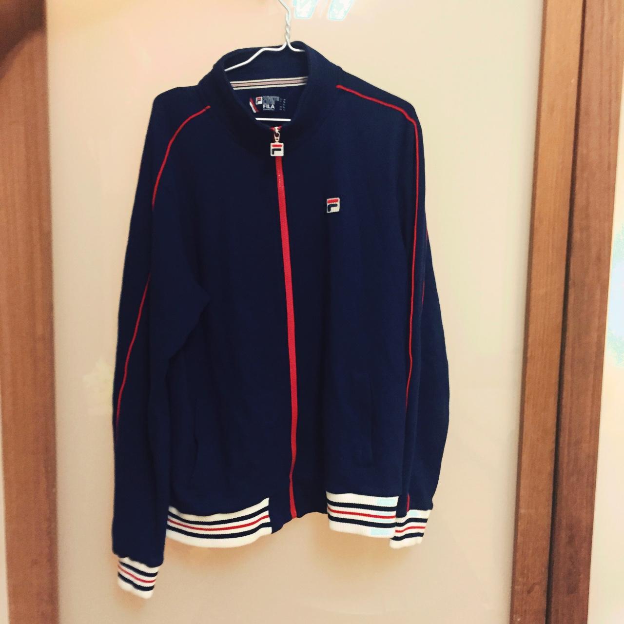 Fila navy/ white/ blue (white line zip up jumper) - Depop