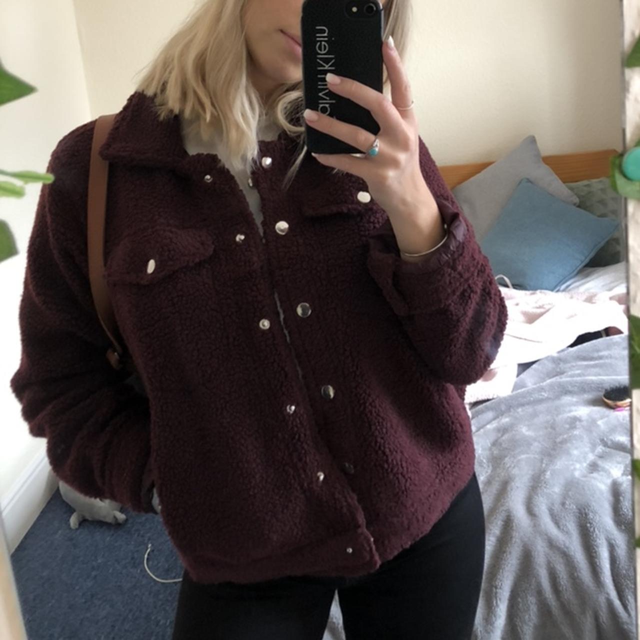 Borg fleece jacket in burgundy teddy bear coat - Depop