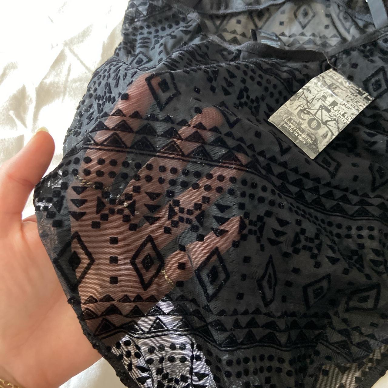Black sheer mesh bodysuit with velvet Aztec - Depop