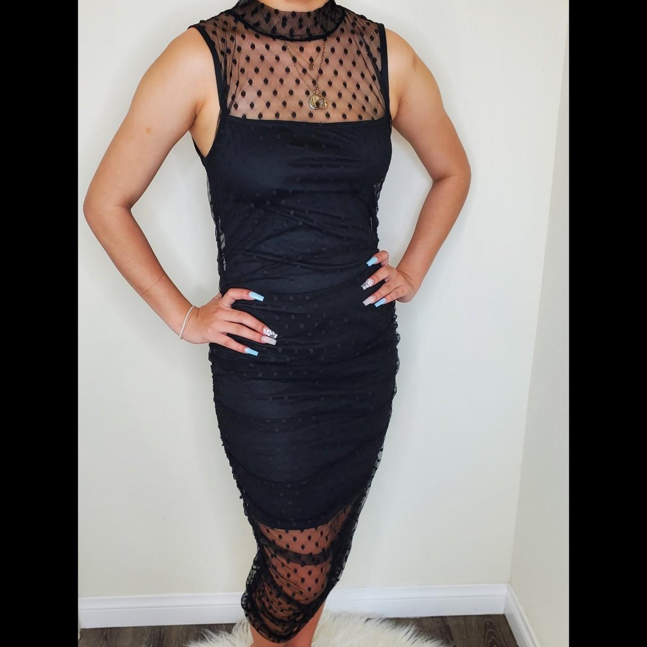 PrettyLittleThing Black Dobby Mesh Ruched Midi. Depop