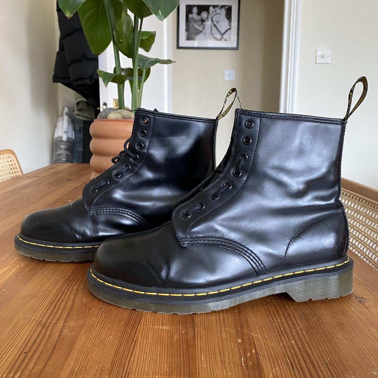 Black with yellow stitching Dr Martens, 8 eyelets,... - Depop