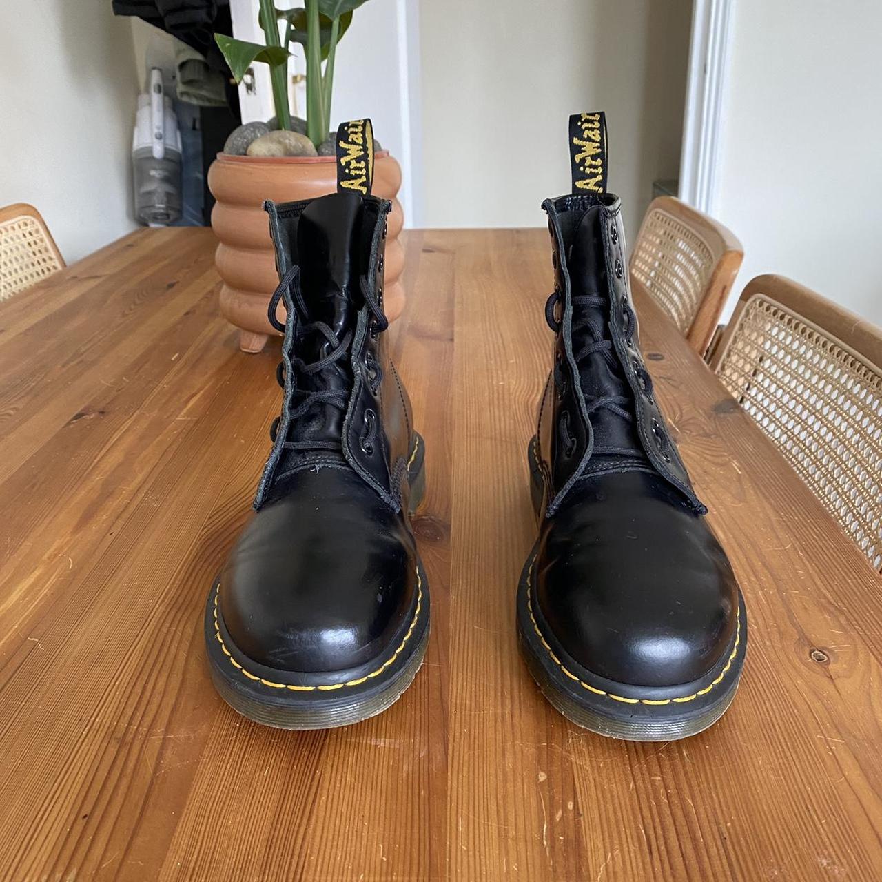 Black with yellow stitching Dr Martens, 8 eyelets,... - Depop