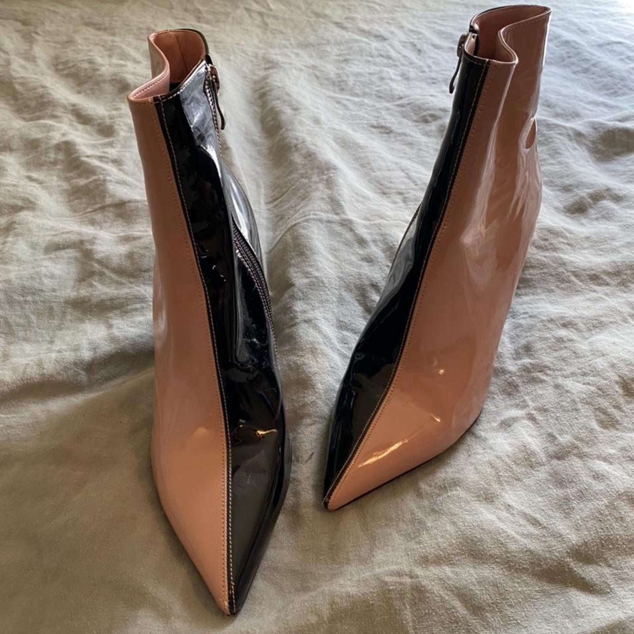 Black/pink patent leather booties with a pointed toe... Depop